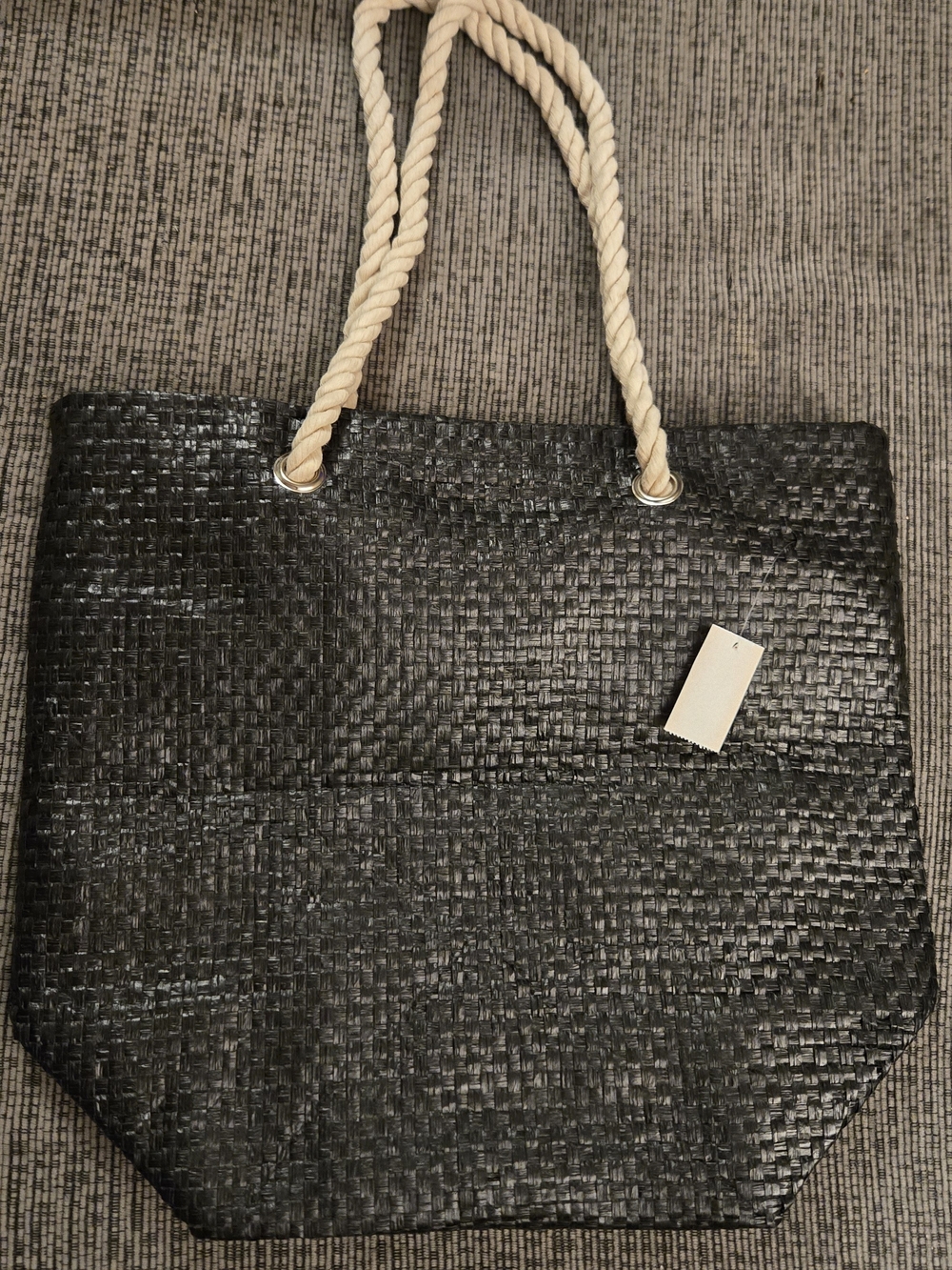 Source Unknown Black Woven Tote with Cream Rope Handles